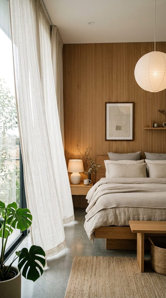 Sheer linen curtains filtering natural light into a Japandi bedroom
