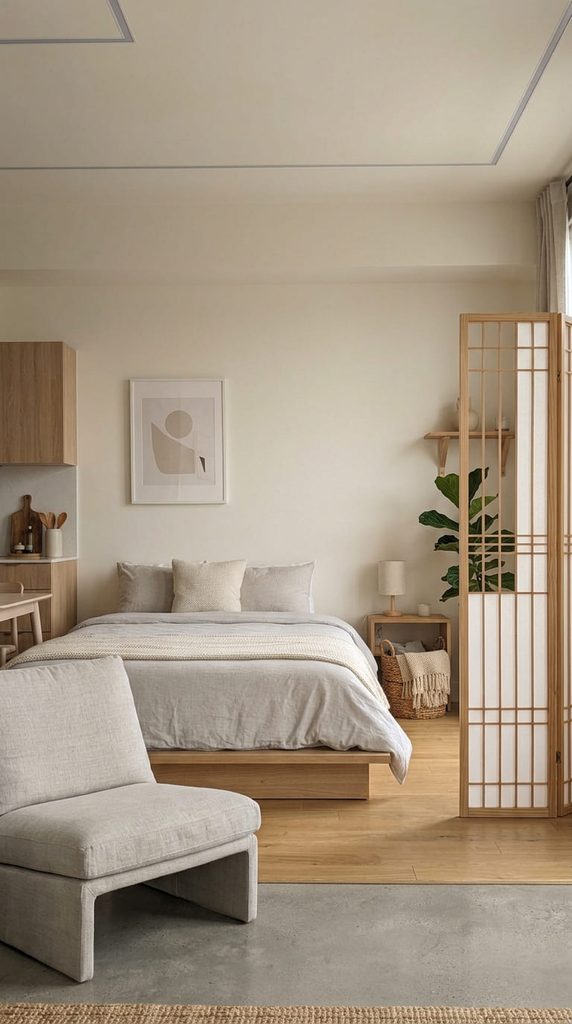 Shoji inspired wood and paper screen divider in a bedroom corner