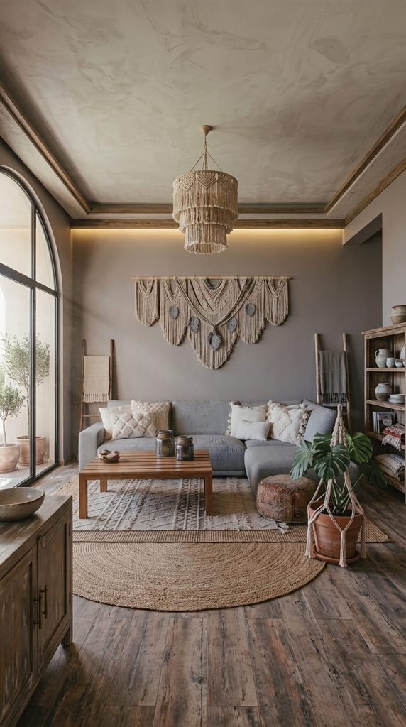 light gray boho living room with macrame wall hanging above the couch