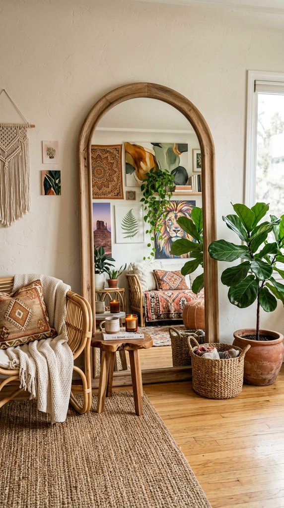 large arched mirror as a statement piece in a boho living room