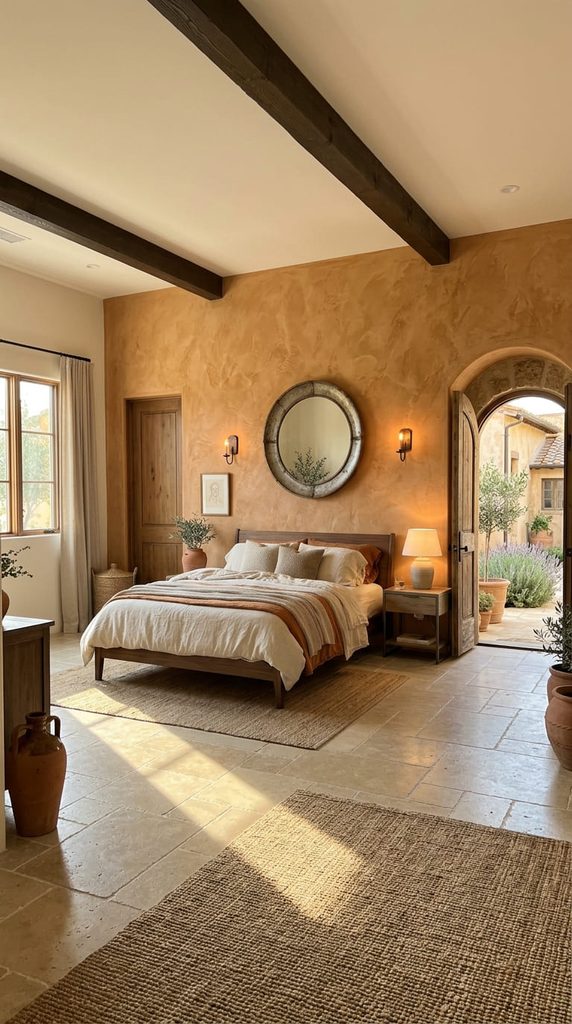 stucco textured accent wall in tuscan style bedroom