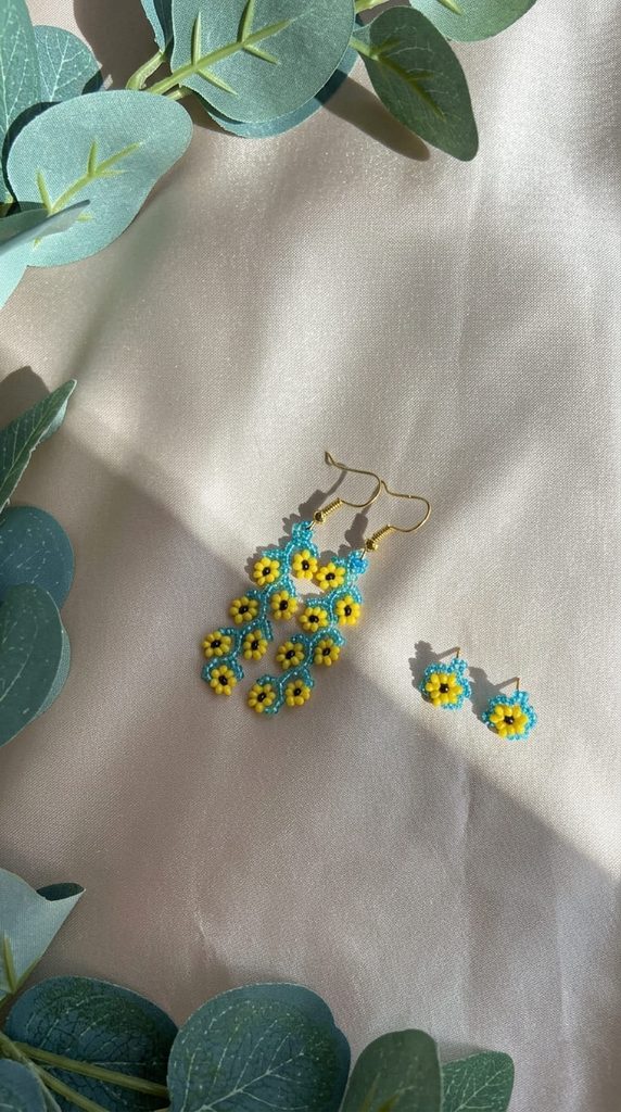 sunflower bead dangle earrings on gold hooks