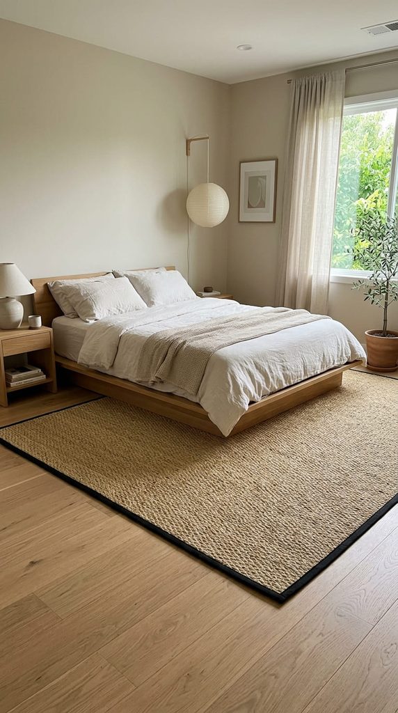 Natural fiber tatami inspired area rug under a Japandi bed