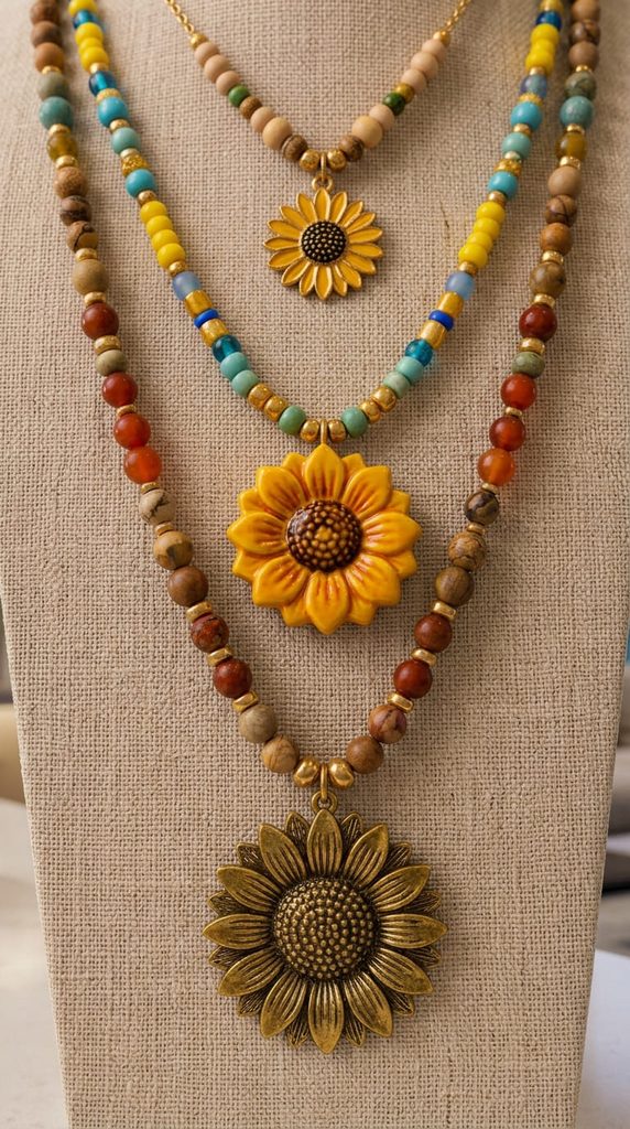 three layered beaded necklaces with sunflower pendants in different lengths