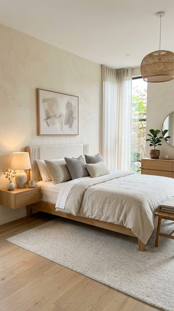 Fully styled Japandi bedroom with a calm, uncluttered color palette