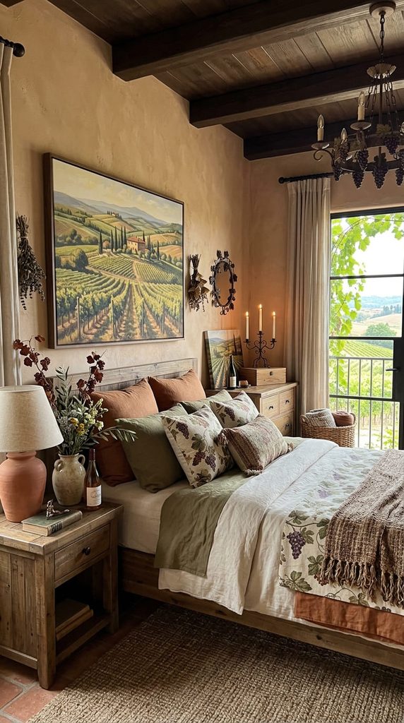vineyard inspired decor accents in tuscan bedroom