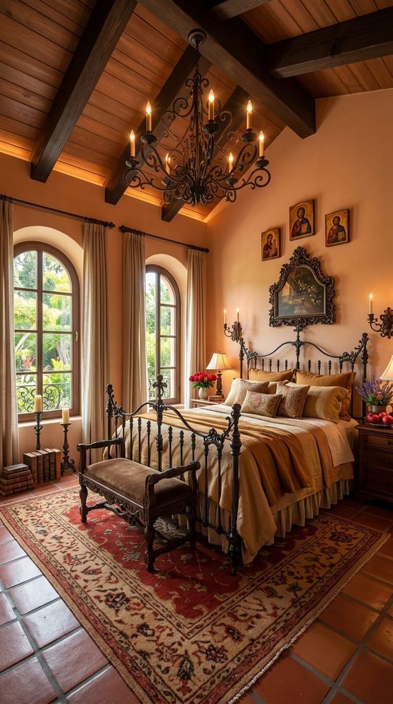 vintage patterned rug in tuscan bedroom floor
