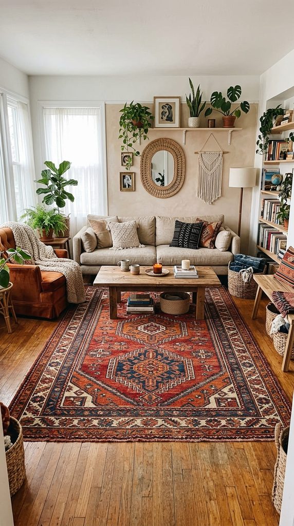 vintage patterned rug as the centerpiece of a boho living room