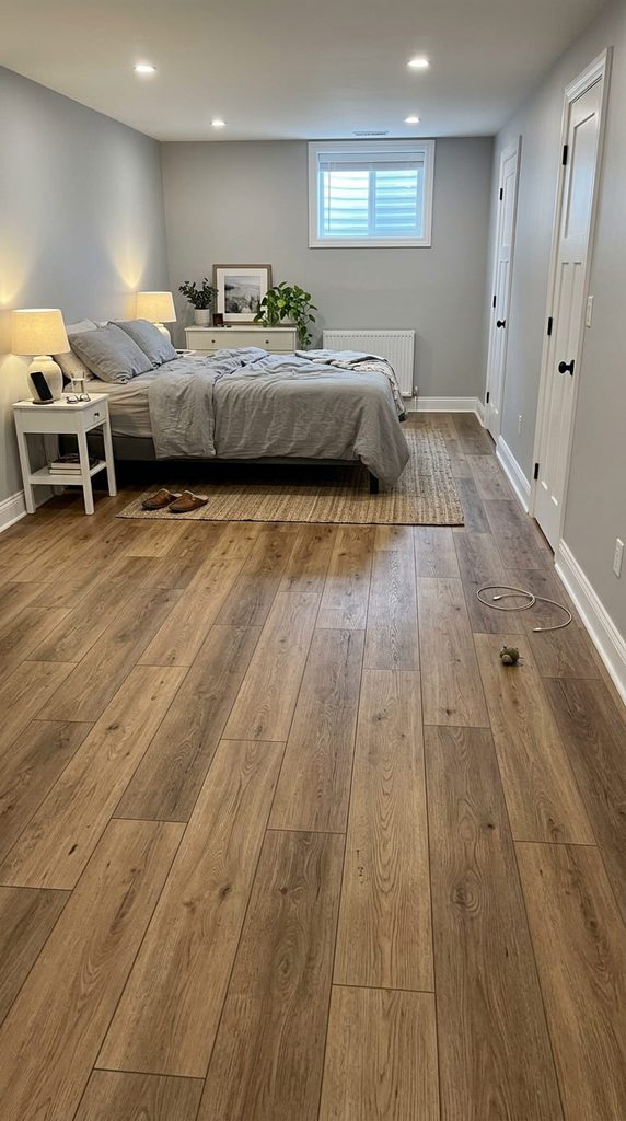 Waterproof vinyl plank flooring installed in a basement bedroom