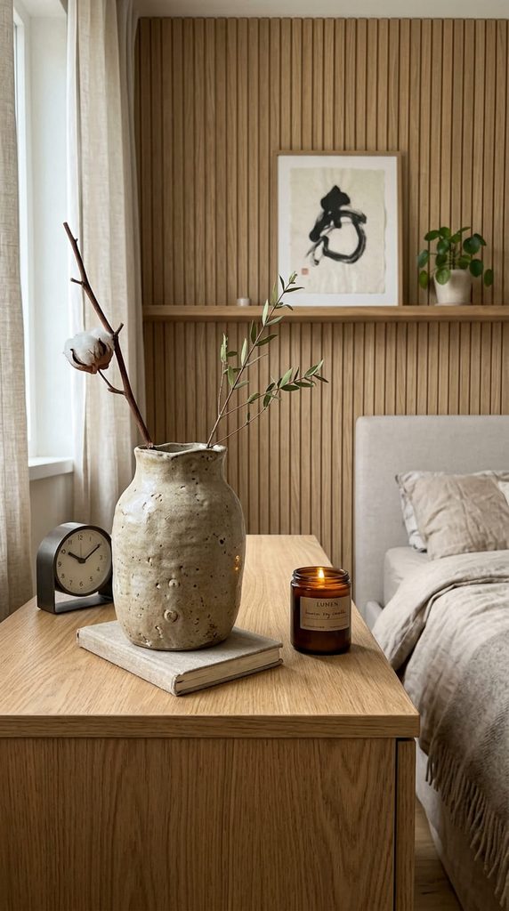 Imperfect handmade ceramic vase on a Japandi bedroom dresser