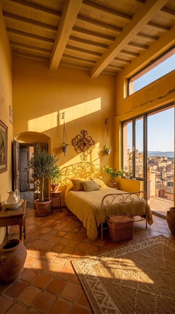 warm gold and mustard color palette in tuscan bedroom