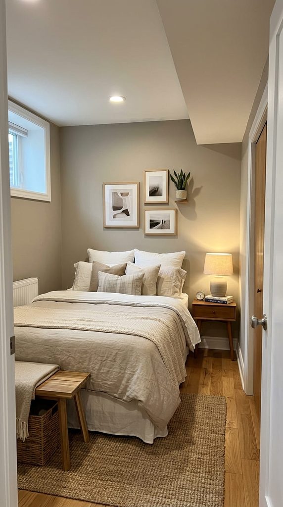  Basement bedroom painted in a warm neutral tone