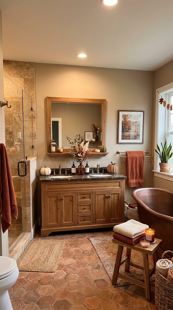 fall bathroom decor with warm neutral color palette