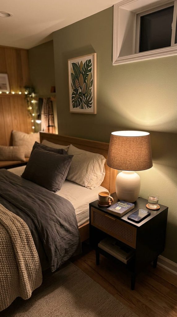 Warm toned table lamp on a nightstand in a basement bedroom