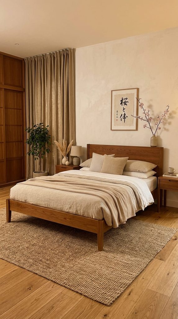 Warm honey toned wood furniture in a Japandi bedroom