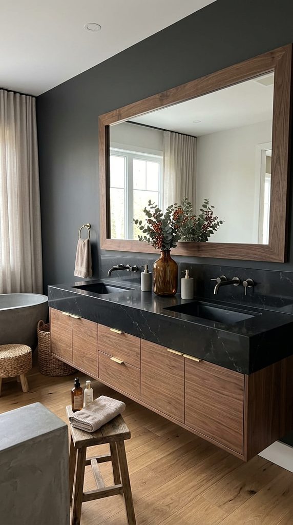 wood framed mirror as fall bathroom decor upgrade