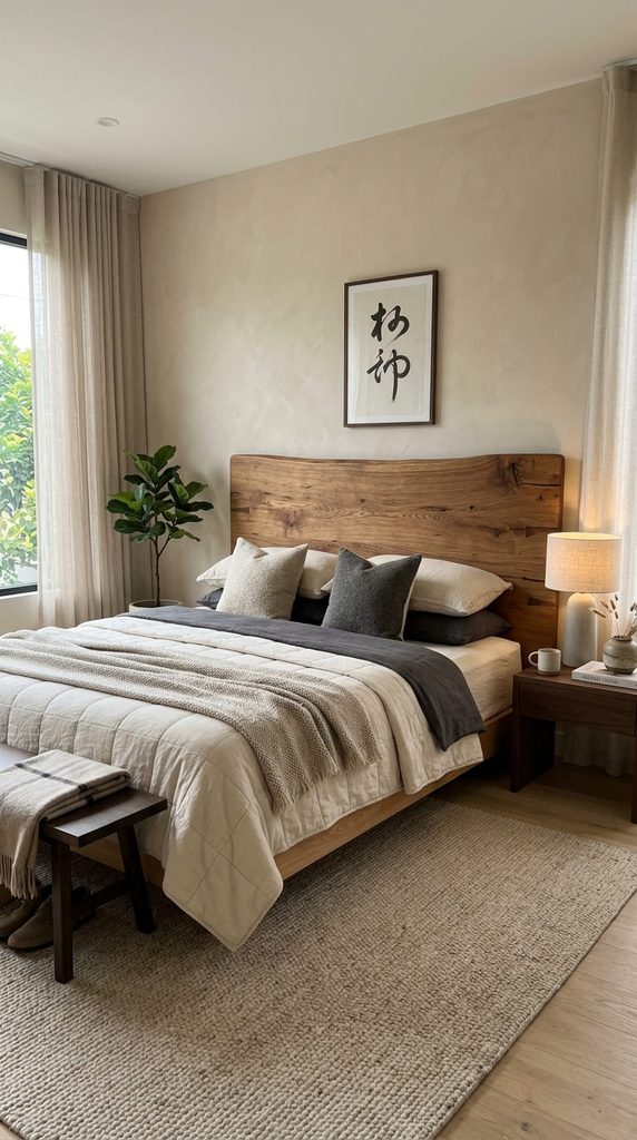 Statement solid wood headboard behind a Japandi style bed
