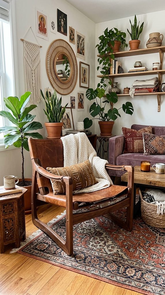 wood frame chair with leather sling seat in a boho living room