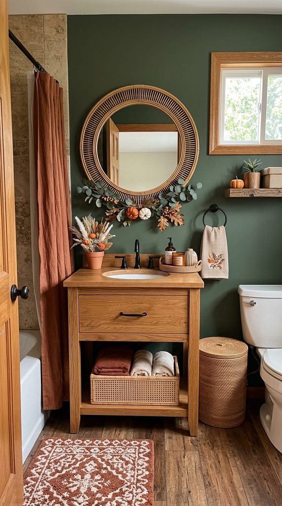 wood and rattan accents in fall bathroom decor