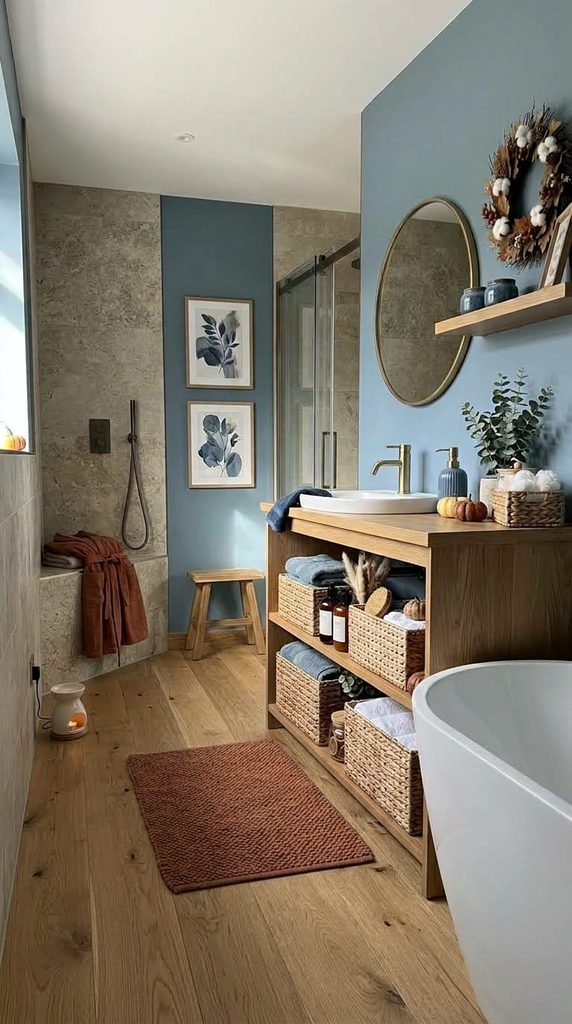 woven storage baskets for fall bathroom organization