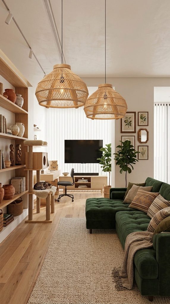 woven rattan pendant light fixture in a boho style living room
