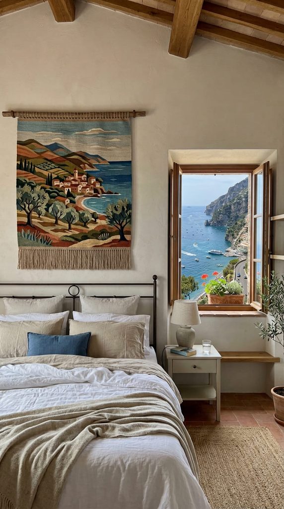 woven tapestry wall hanging in tuscan bedroom