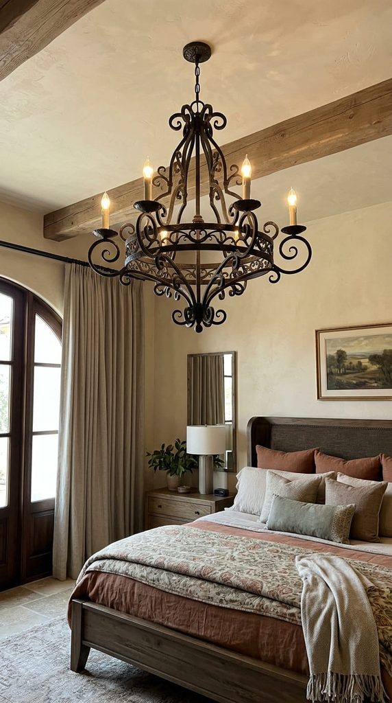 wrought iron chandelier in tuscan bedroom ceiling