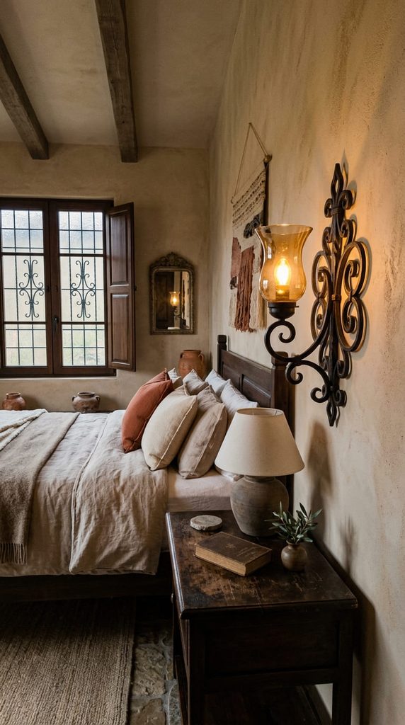 wrought iron wall sconce lighting in tuscan bedroom