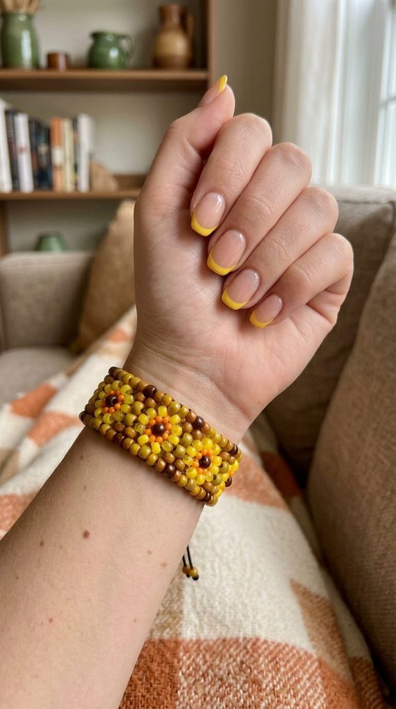 yellow and brown pony bead bracelet with sunflower pattern