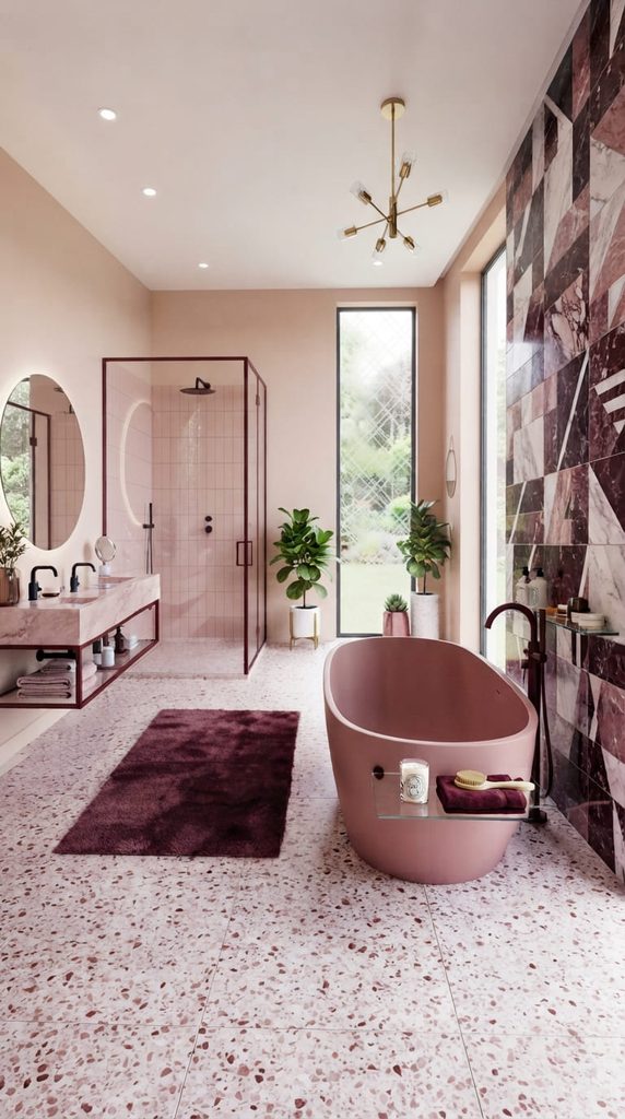 19. Dusty Pink And Burgundy Romantic Bathroom
