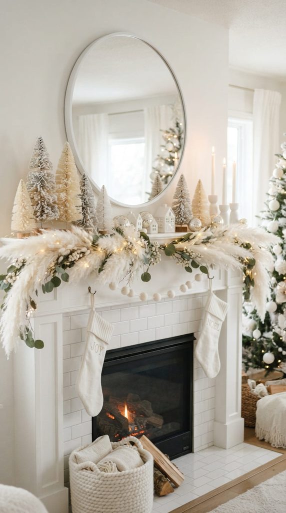 All white Christmas mantel with pampas grass