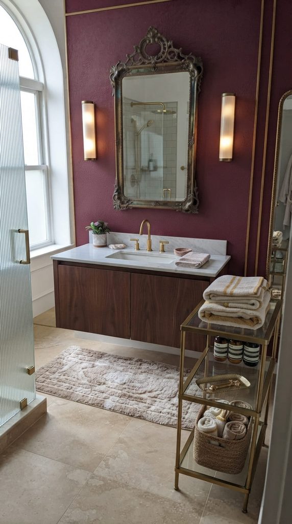 Antique Brass Mirror Against Burgundy