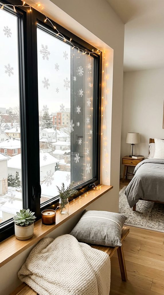Bedroom window with warm string lights and snowflake window clings