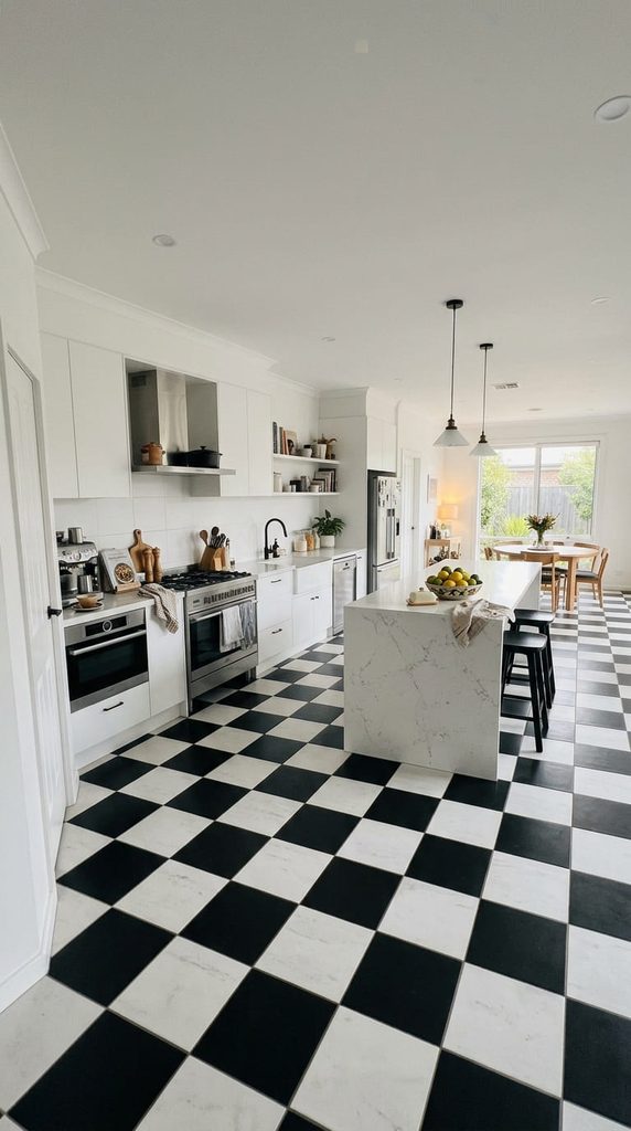 Black and white checkerboard tile floor in a white kitchen