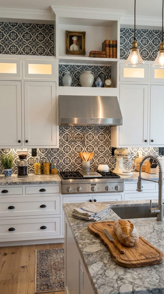 Black and white patterned cement tile backsplash in a kitchen