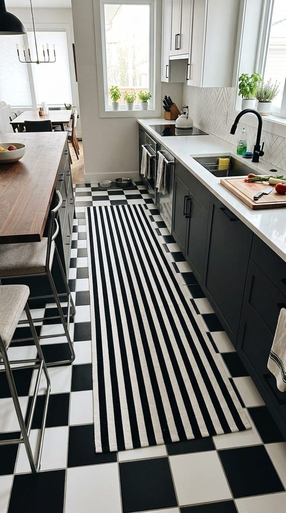 Black and white striped runner rug on a kitchen floor