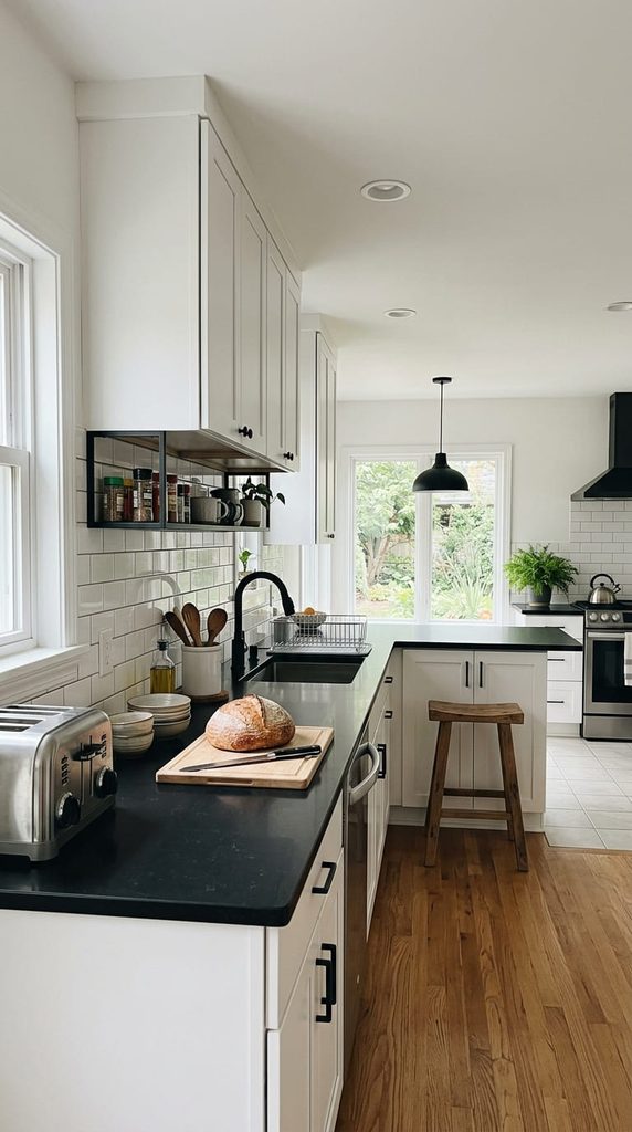 Black countertops with a white tile backsplash and white cabinets