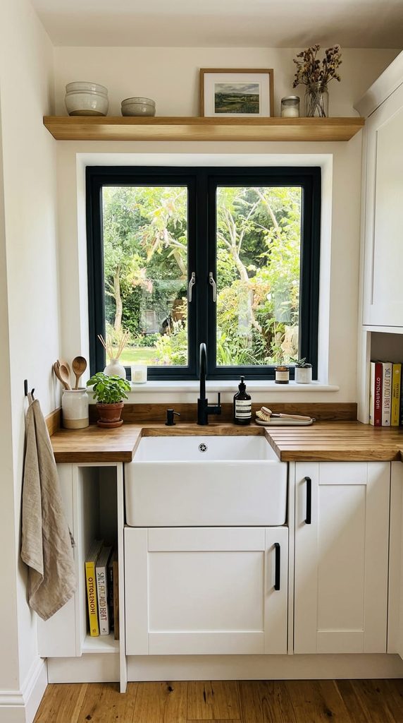 Black framed kitchen window above a white sink