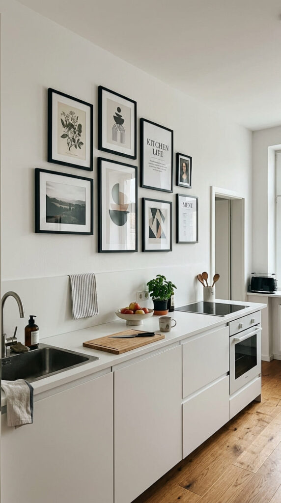 Black framed prints hung in a gallery wall in a white kitchen