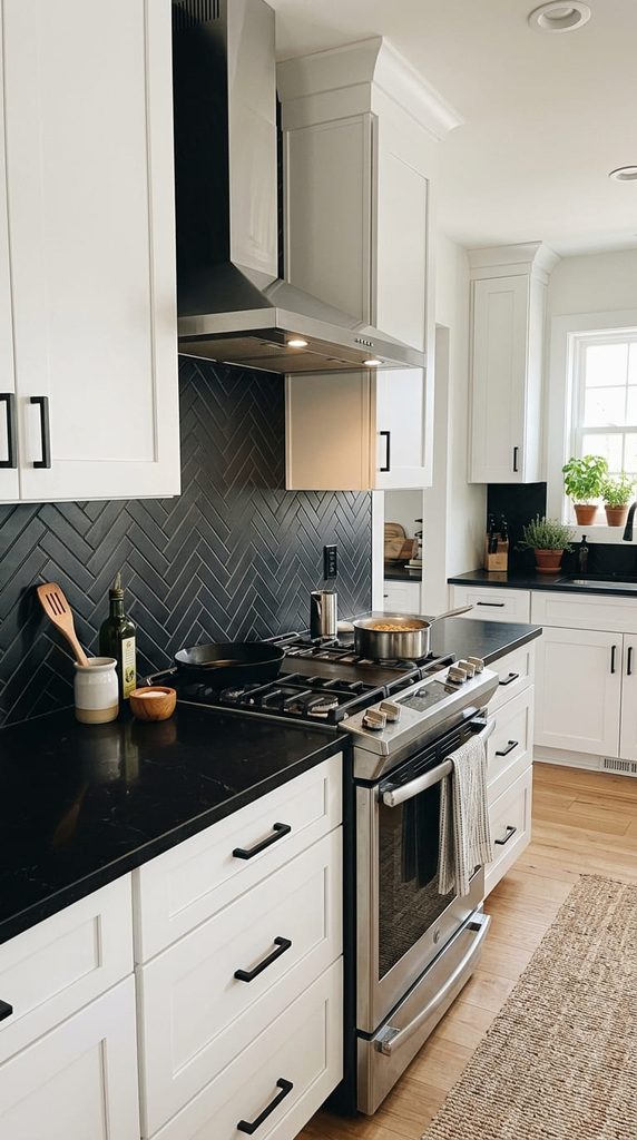 Black herringbone tile backsplash behind a stove in a white kitchen