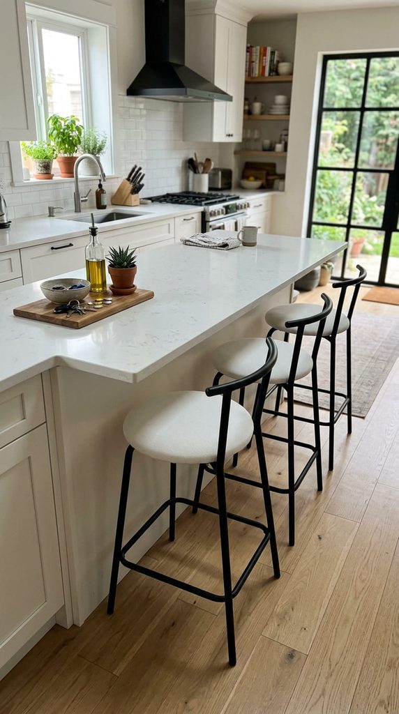  Black metal bar stools with white seats at a kitchen island