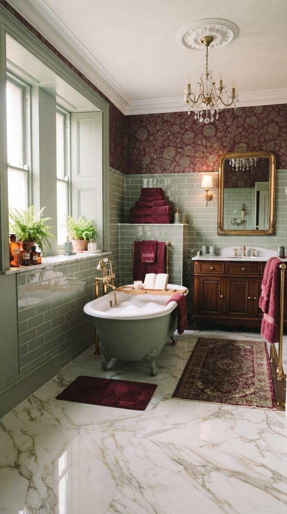Burgundy And Sage Green Bathroom