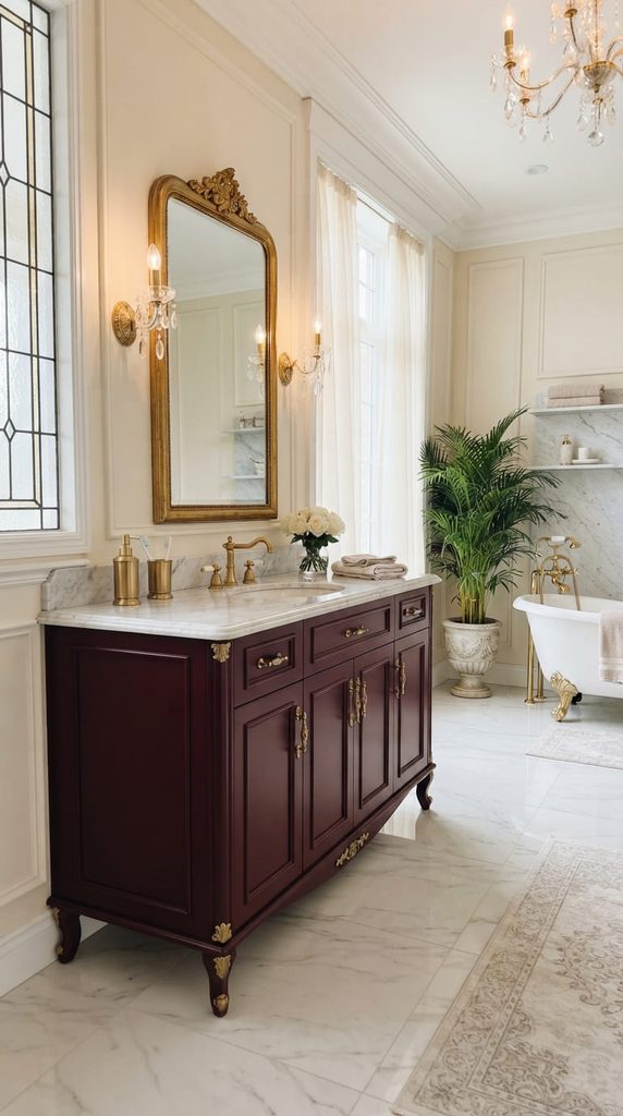 Burgundy Vanity With Gold Hardware