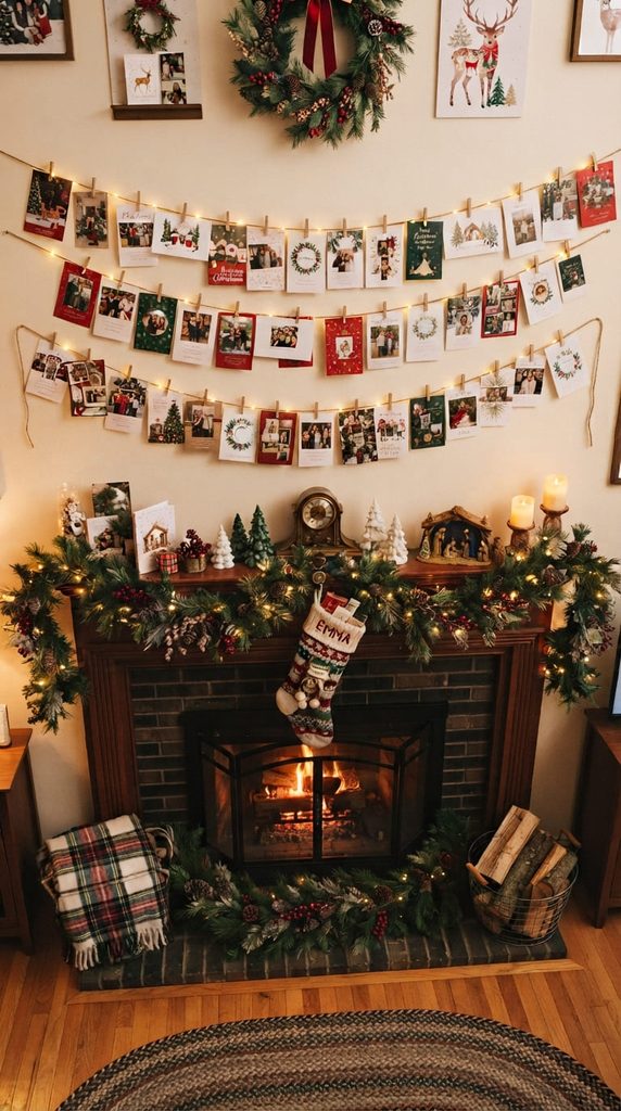 Christmas cards clipped to twine with wooden clothespins above a mantel