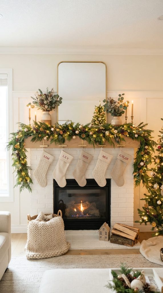 Christmas mantel with thick greenery garland and warm white string lights