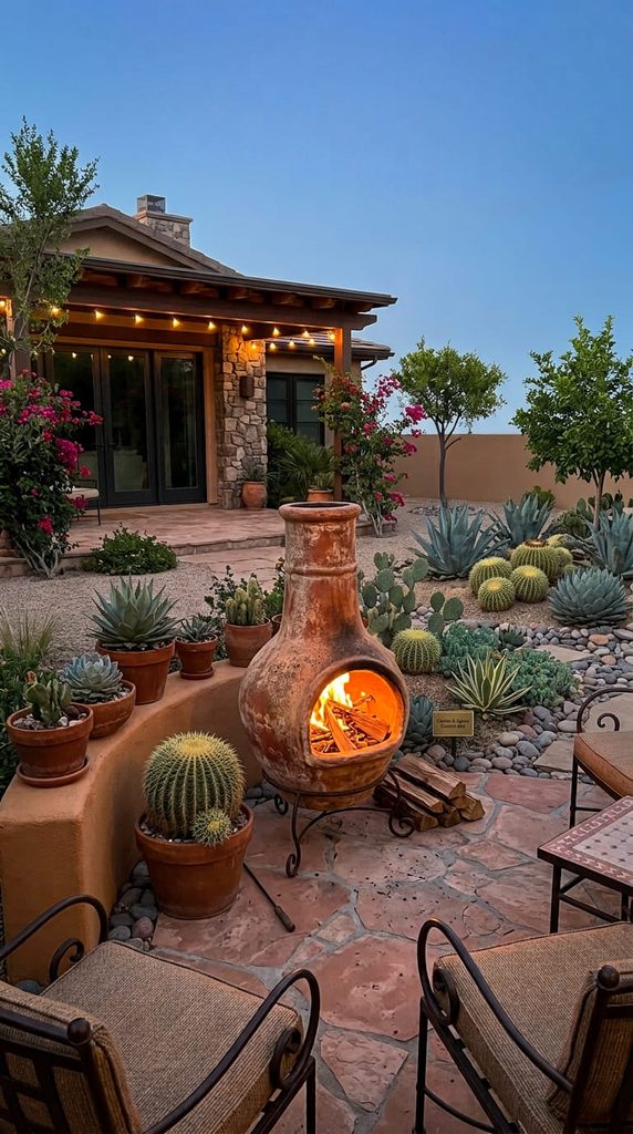 Clay chiminea fire pit glowing at night in a Mexican style backyard