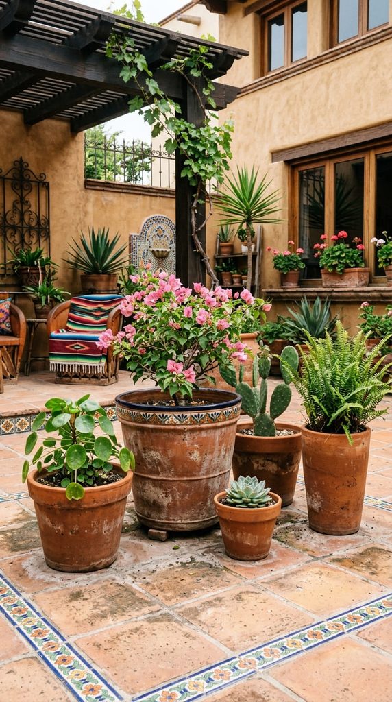 Cluster of terracotta pots on a Mexican style patio