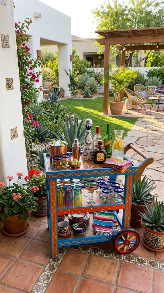 Colorful cantina style bar cart with glassware on a Mexican style patio