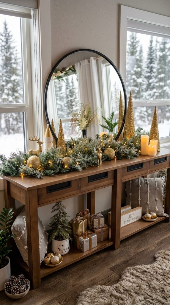 Console table styled as a faux Christmas mantel with mirror and greenery