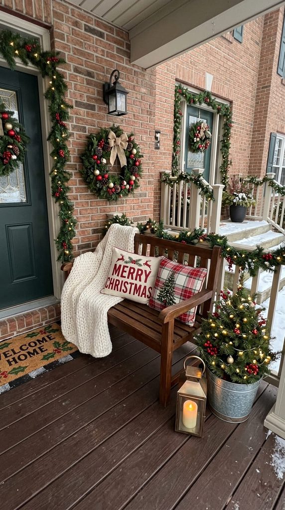 Cozy seating front porch Christmas decor